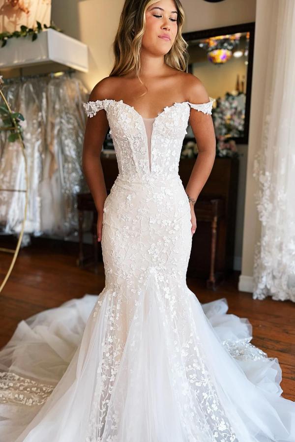 Long V-Neck Sleeveless Tulle Lace Mermaid Wedding Dresses