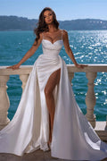 Charming Long Mermaid Satin Spaghetti Straps Sleeveless Wedding Dresses with Split