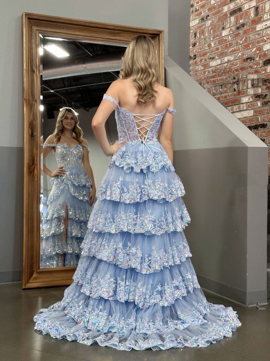 Capri | A-Line Lace Off-the-Shoulder Tiered Long Prom Dress with Slit