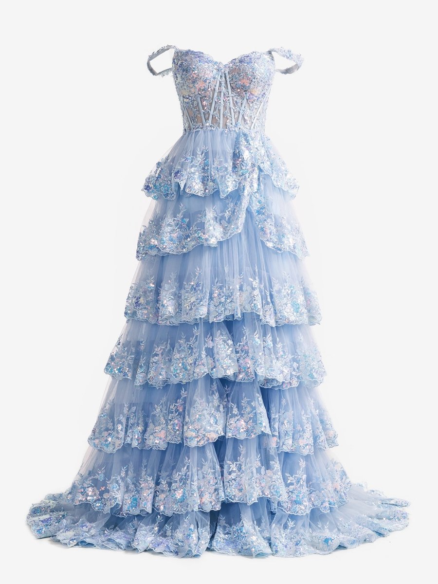 Capri | A-Line Lace Off-the-Shoulder Tiered Long Prom Dress with Slit