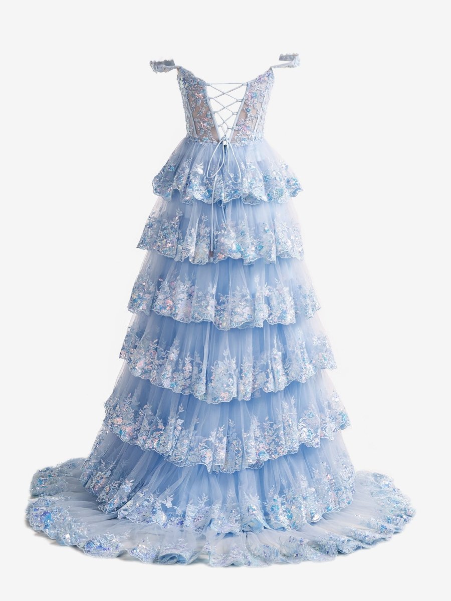 Capri | A-Line Lace Off-the-Shoulder Tiered Long Prom Dress with Slit
