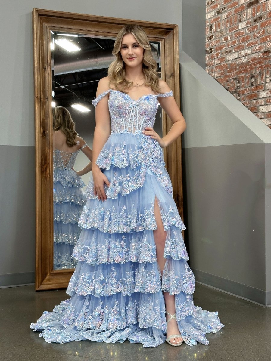 Capri | A-Line Lace Off-the-Shoulder Tiered Long Prom Dress with Slit
