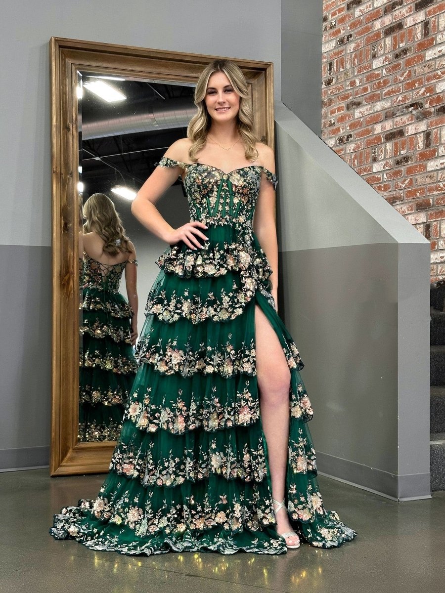 Capri | A-Line Lace Off-the-Shoulder Tiered Long Prom Dress with Slit