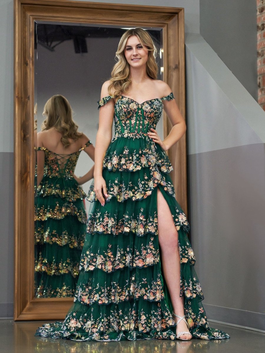 Capri | A-Line Lace Off-the-Shoulder Tiered Long Prom Dress with Slit