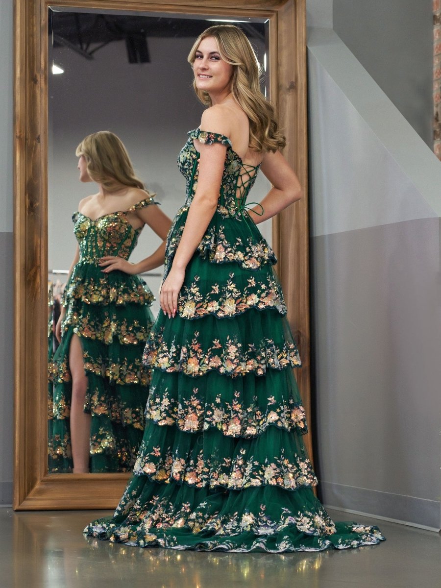 Capri | A-Line Lace Off-the-Shoulder Tiered Long Prom Dress with Slit