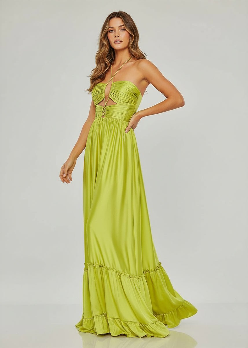 Carnation | Criss-cross Chartreuse Ruched A-line Halter Sleeveless Long Prom Dress
