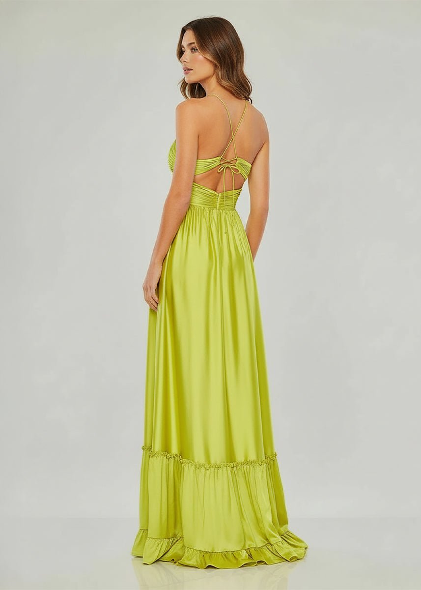 Carnation | Criss-cross Chartreuse Ruched A-line Halter Sleeveless Long Prom Dress