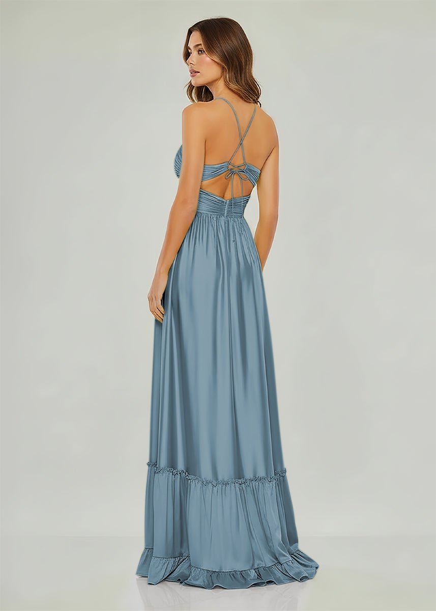 Carnation | Criss-cross Chartreuse Ruched A-line Halter Sleeveless Long Prom Dress