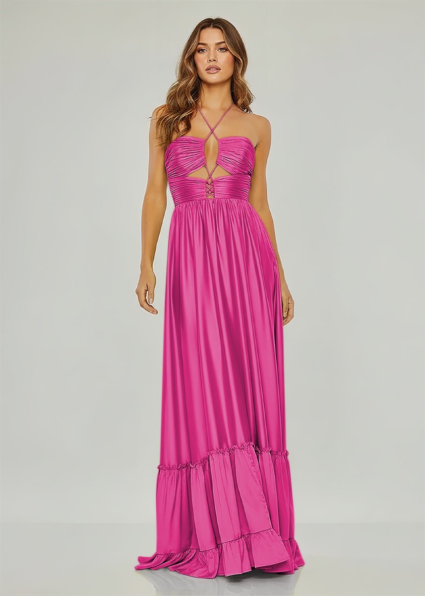 Carnation | Criss-cross Chartreuse Ruched A-line Halter Sleeveless Long Prom Dress