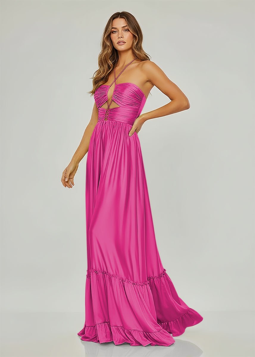 Carnation | Criss-cross Chartreuse Ruched A-line Halter Sleeveless Long Prom Dress
