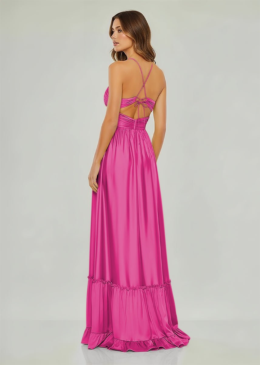 Carnation | Criss-cross Chartreuse Ruched A-line Halter Sleeveless Long Prom Dress