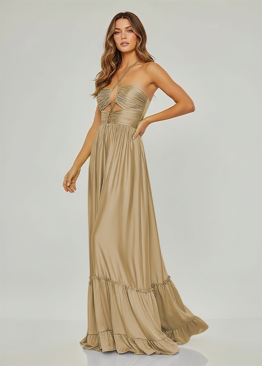 Carnation | Criss-cross Chartreuse Ruched A-line Halter Sleeveless Long Prom Dress