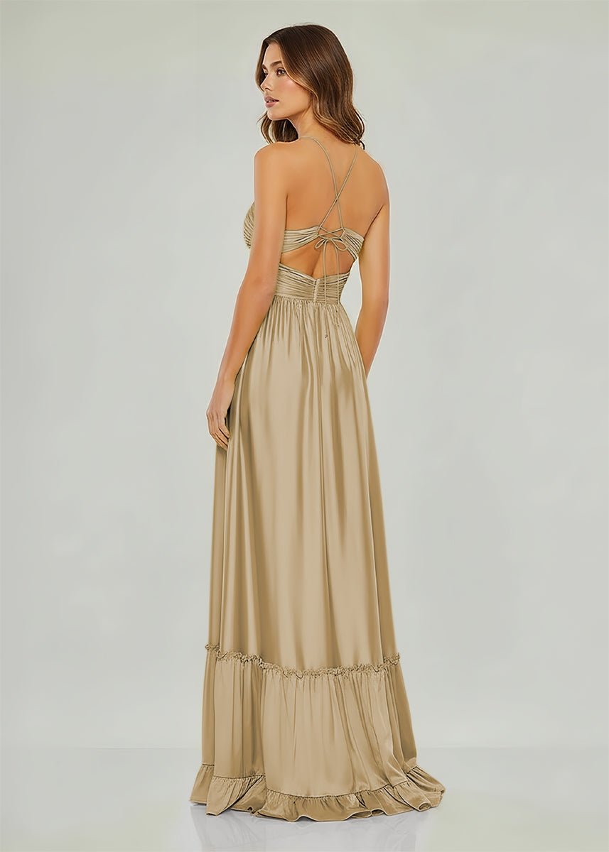 Carnation | Criss-cross Chartreuse Ruched A-line Halter Sleeveless Long Prom Dress