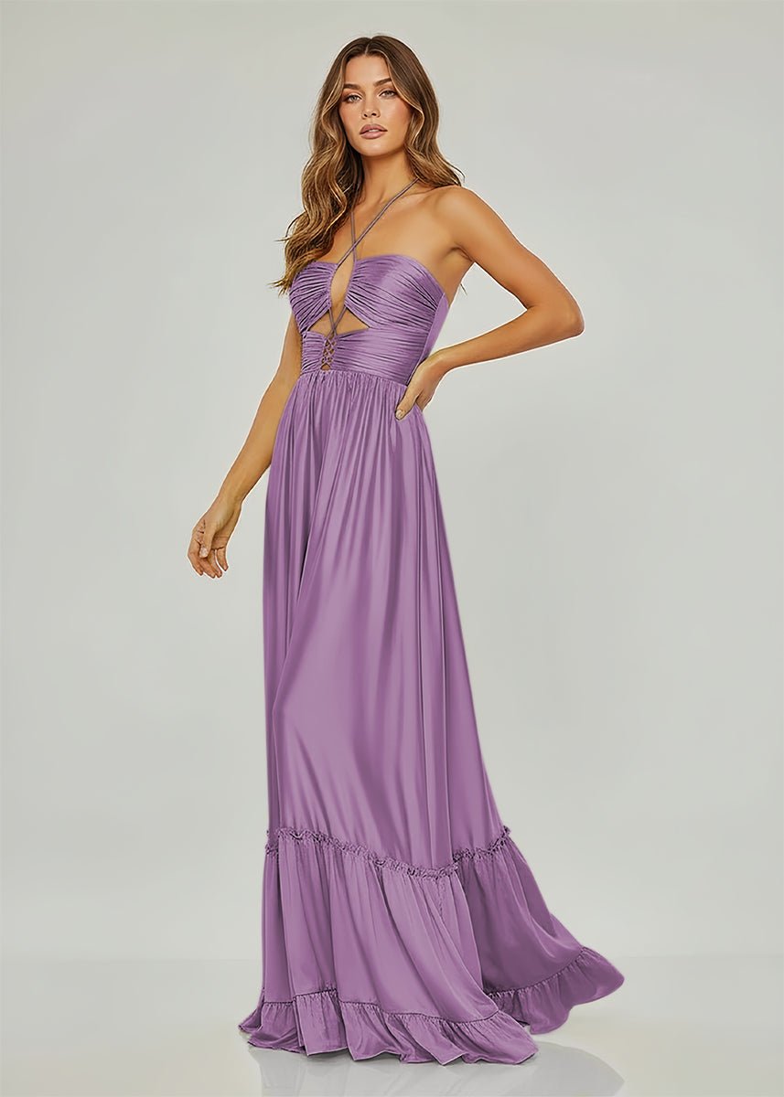 Carnation | Criss-cross Chartreuse Ruched A-line Halter Sleeveless Long Prom Dress