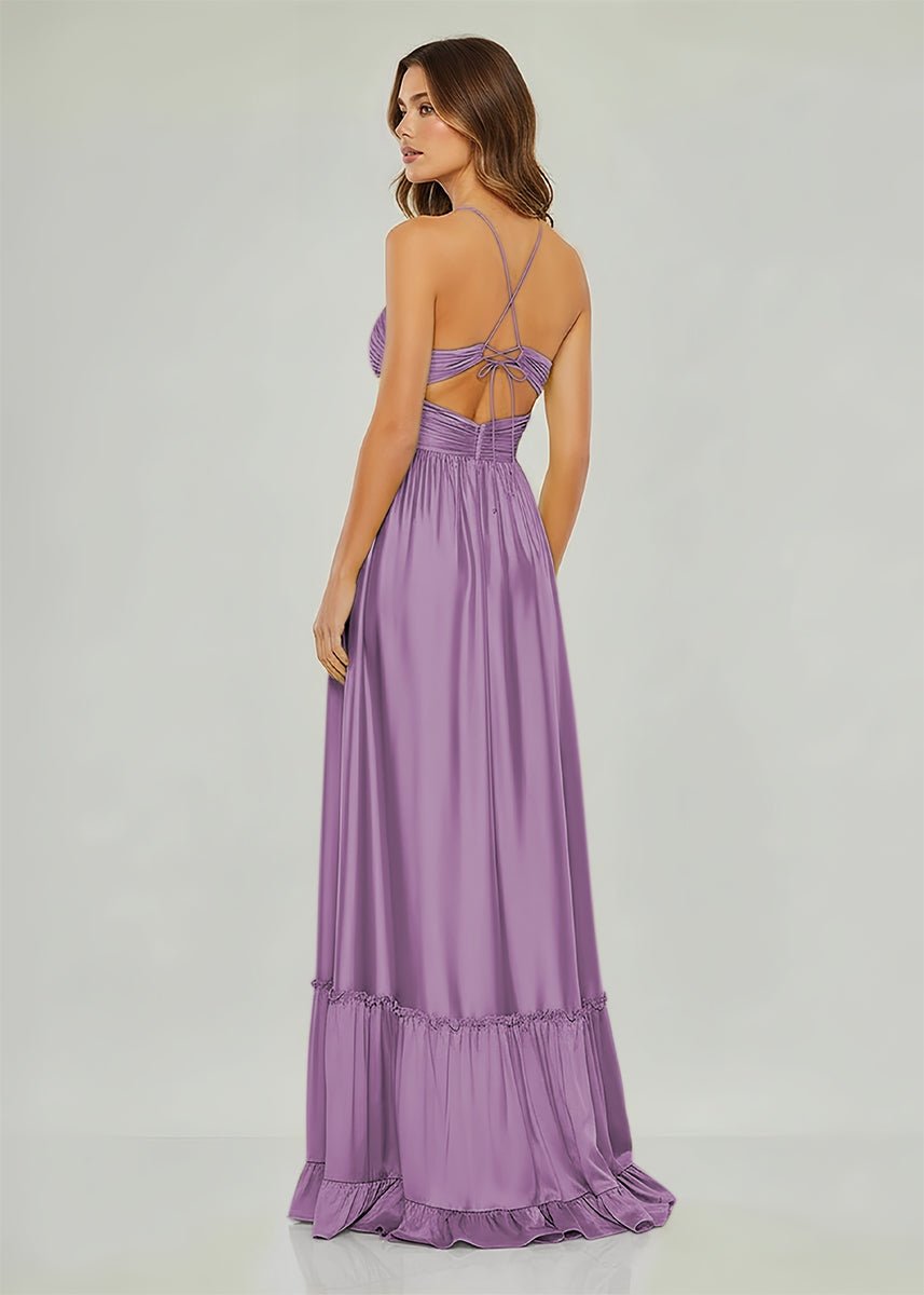 Carnation | Criss-cross Chartreuse Ruched A-line Halter Sleeveless Long Prom Dress