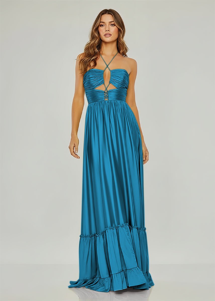 Carnation | Criss-cross Chartreuse Ruched A-line Halter Sleeveless Long Prom Dress