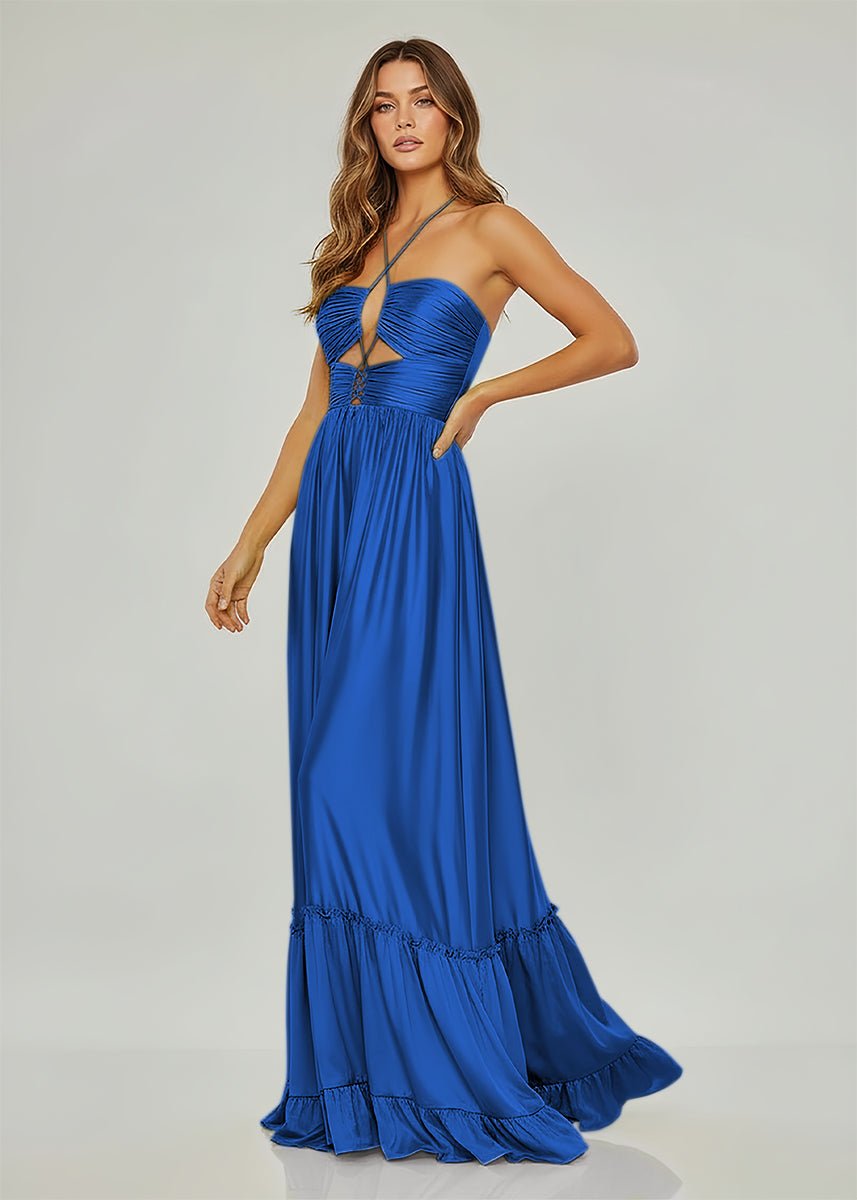 Carnation | Criss-cross Chartreuse Ruched A-line Halter Sleeveless Long Prom Dress