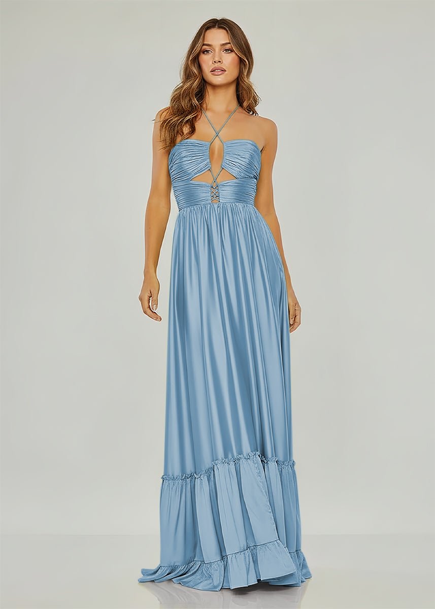 Carnation | Criss-cross Chartreuse Ruched A-line Halter Sleeveless Long Prom Dress