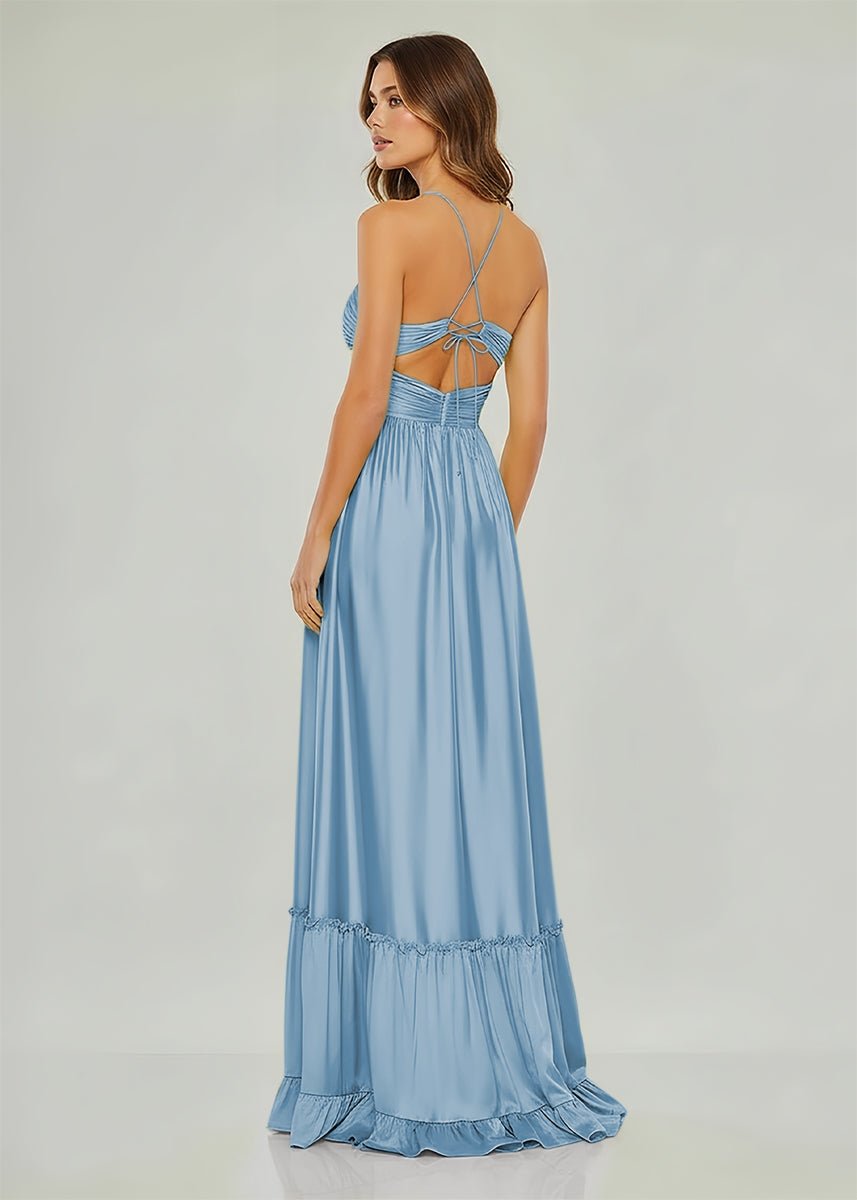 Carnation | Criss-cross Chartreuse Ruched A-line Halter Sleeveless Long Prom Dress