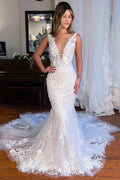 Long V-Neck Sleeveless Mermaid Lace Tulle Backless Wedding Dresses