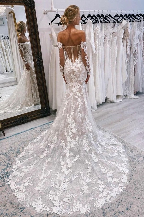 Charming Long Sleeves Mermaid Lace Wedding Dress with Appliques