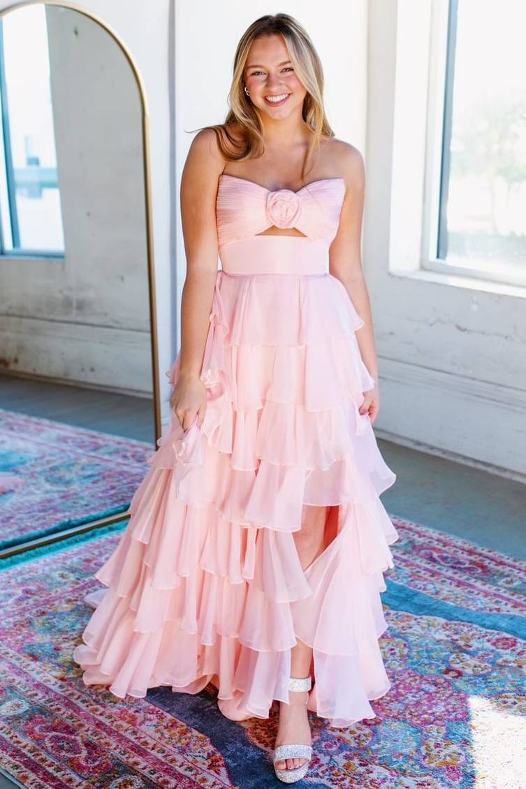 Darlin | A-Line Strapless V-Neck Layered Chiffon Sleeveless Formal Prom Dress