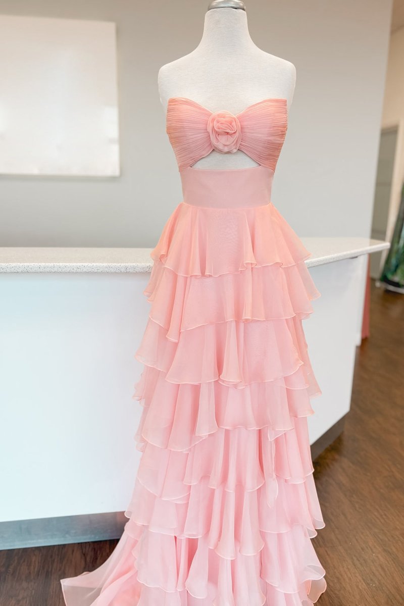 Darlin | A-Line Strapless V-Neck Layered Chiffon Sleeveless Formal Prom Dress
