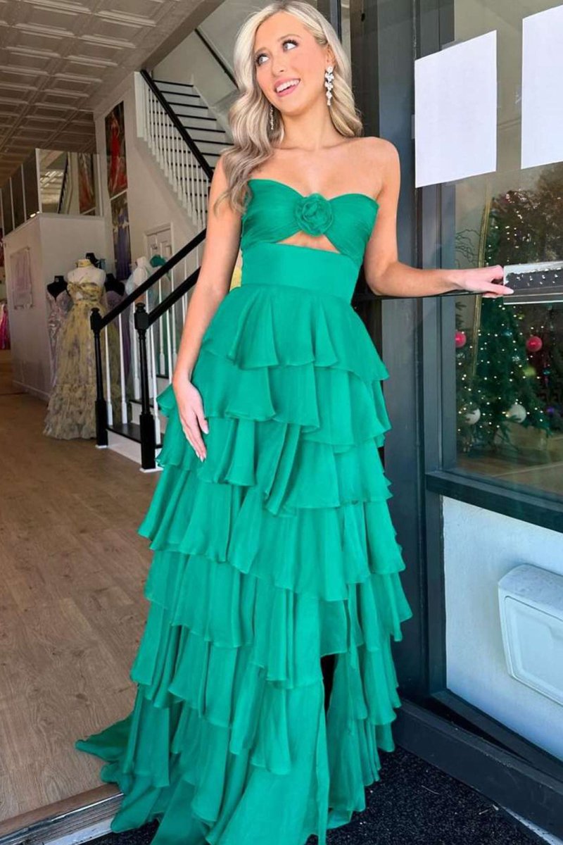 Darlin | A-Line Strapless V-Neck Layered Chiffon Sleeveless Formal Prom Dress