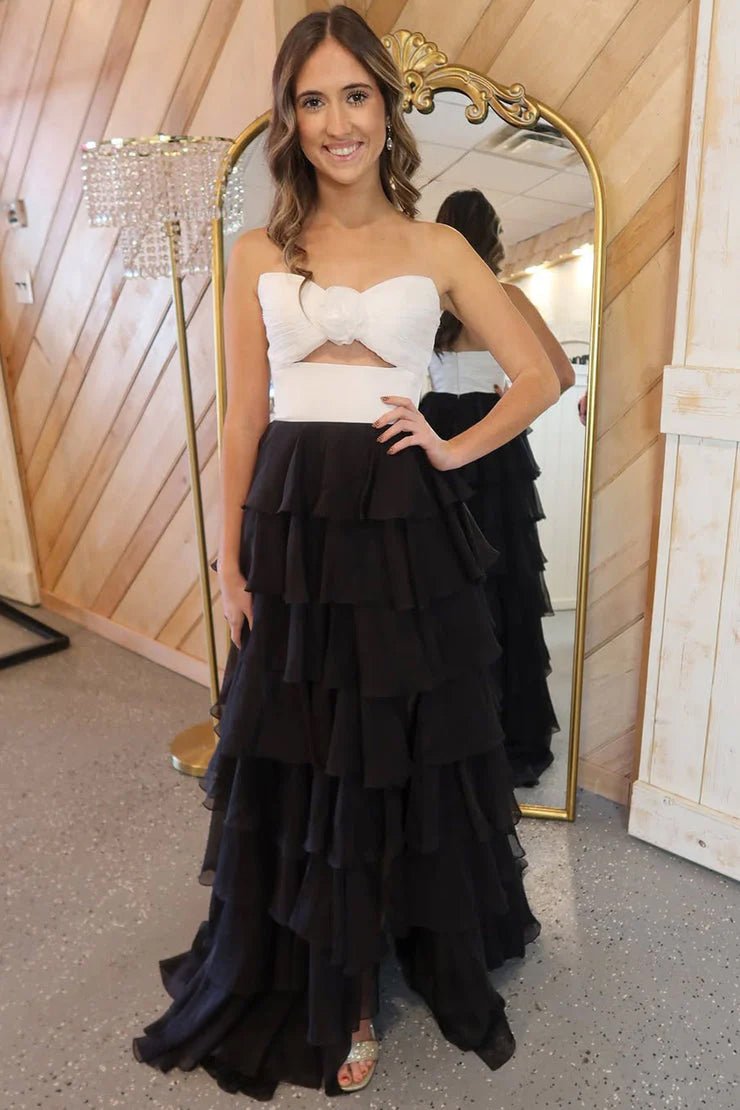 Darlin | A-Line Strapless V-Neck Layered Chiffon Sleeveless Formal Prom Dress