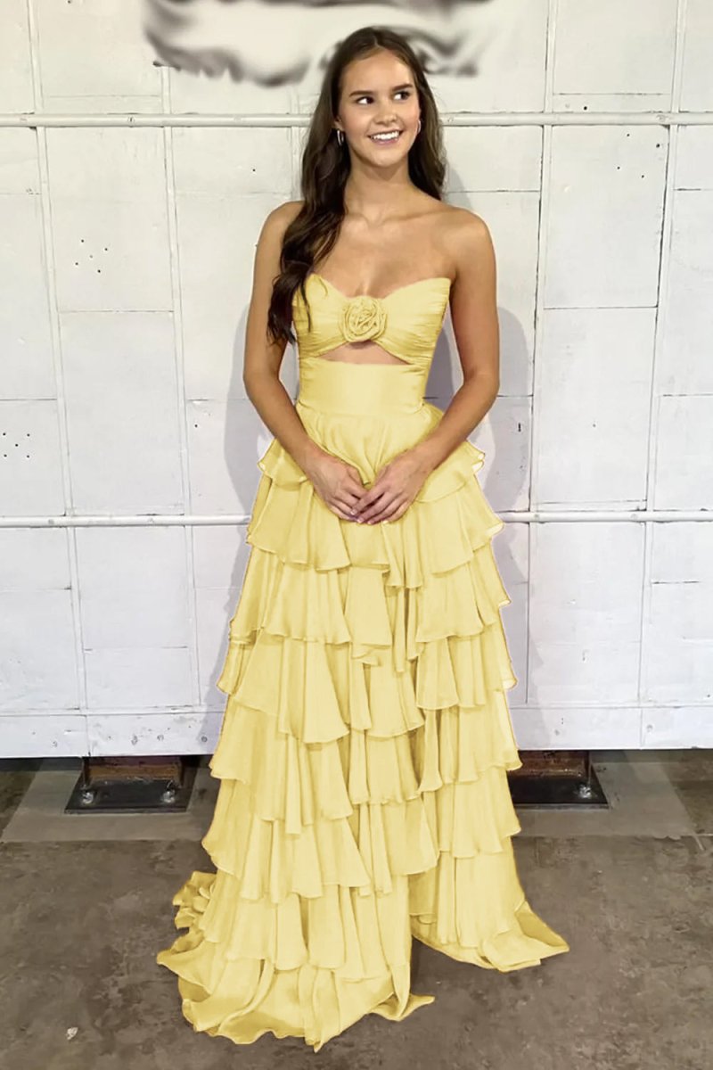 Darlin | A-Line Strapless V-Neck Layered Chiffon Sleeveless Formal Prom Dress
