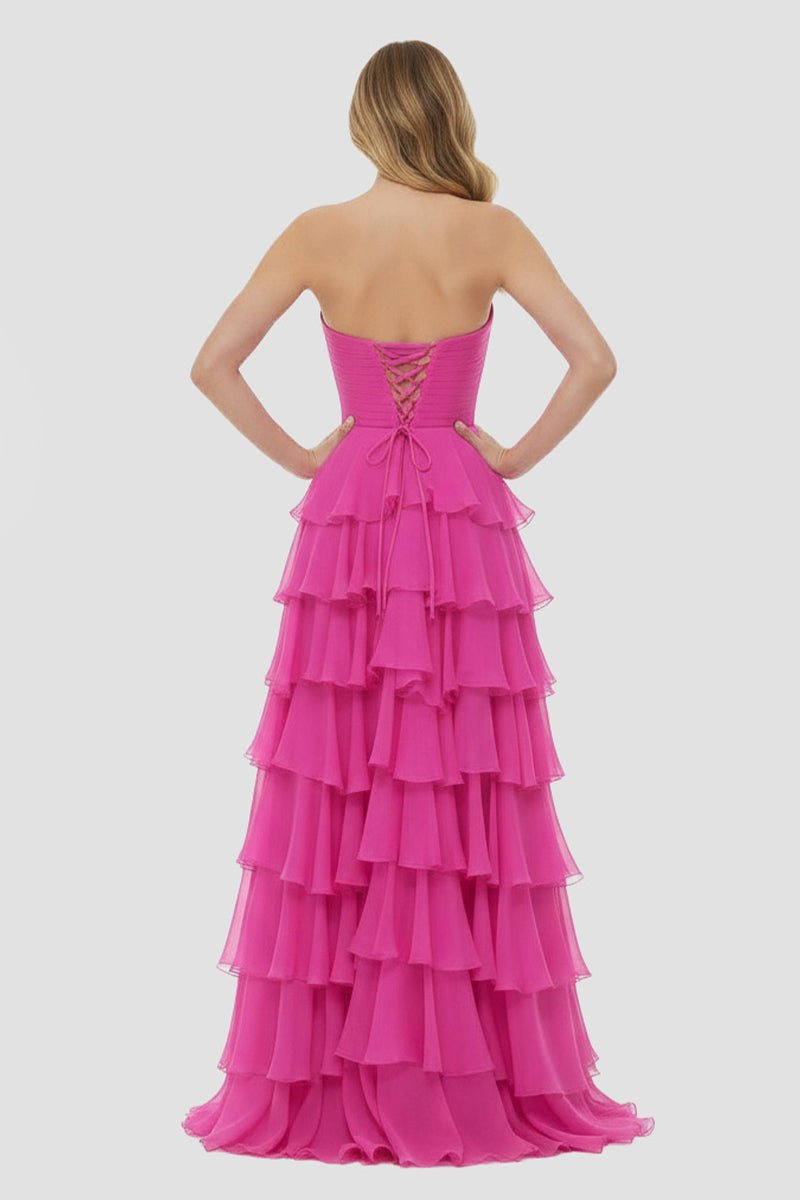 Darlin | A-Line Strapless V-Neck Layered Chiffon Sleeveless Formal Prom Dress