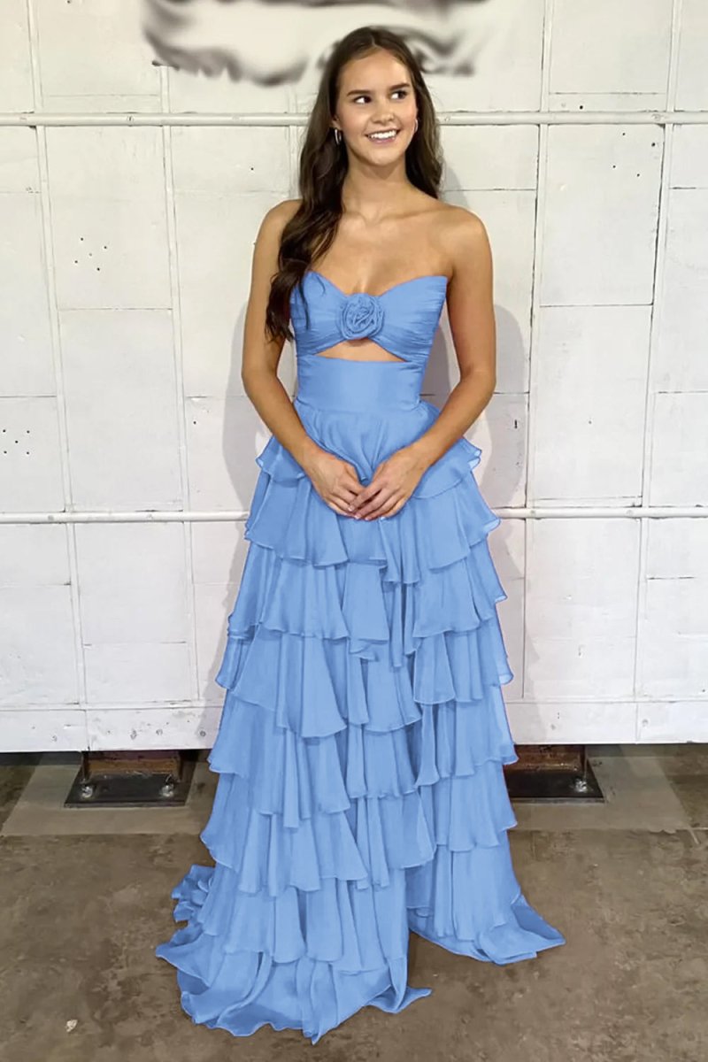Darlin | A-Line Strapless V-Neck Layered Chiffon Sleeveless Formal Prom Dress