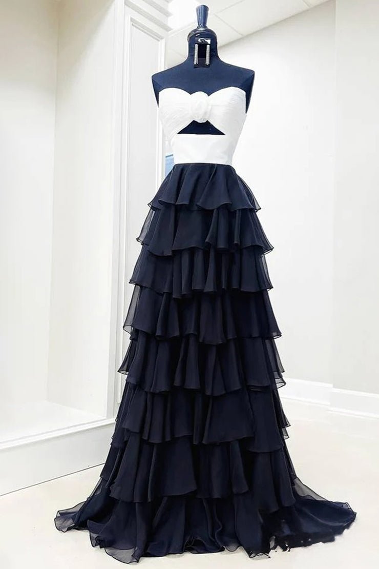 Darlin | A-Line Strapless V-Neck Layered Chiffon Sleeveless Formal Prom Dress