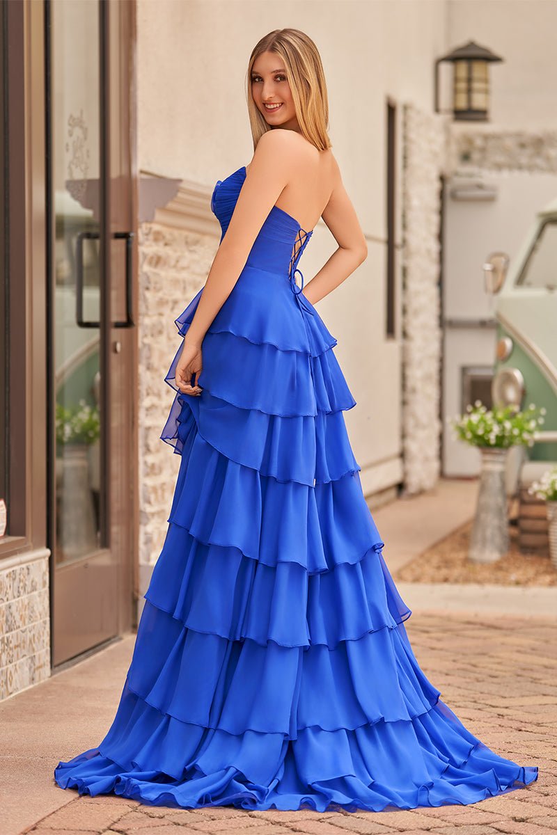 Darlin | A-Line Strapless V-Neck Layered Chiffon Sleeveless Formal Prom Dress