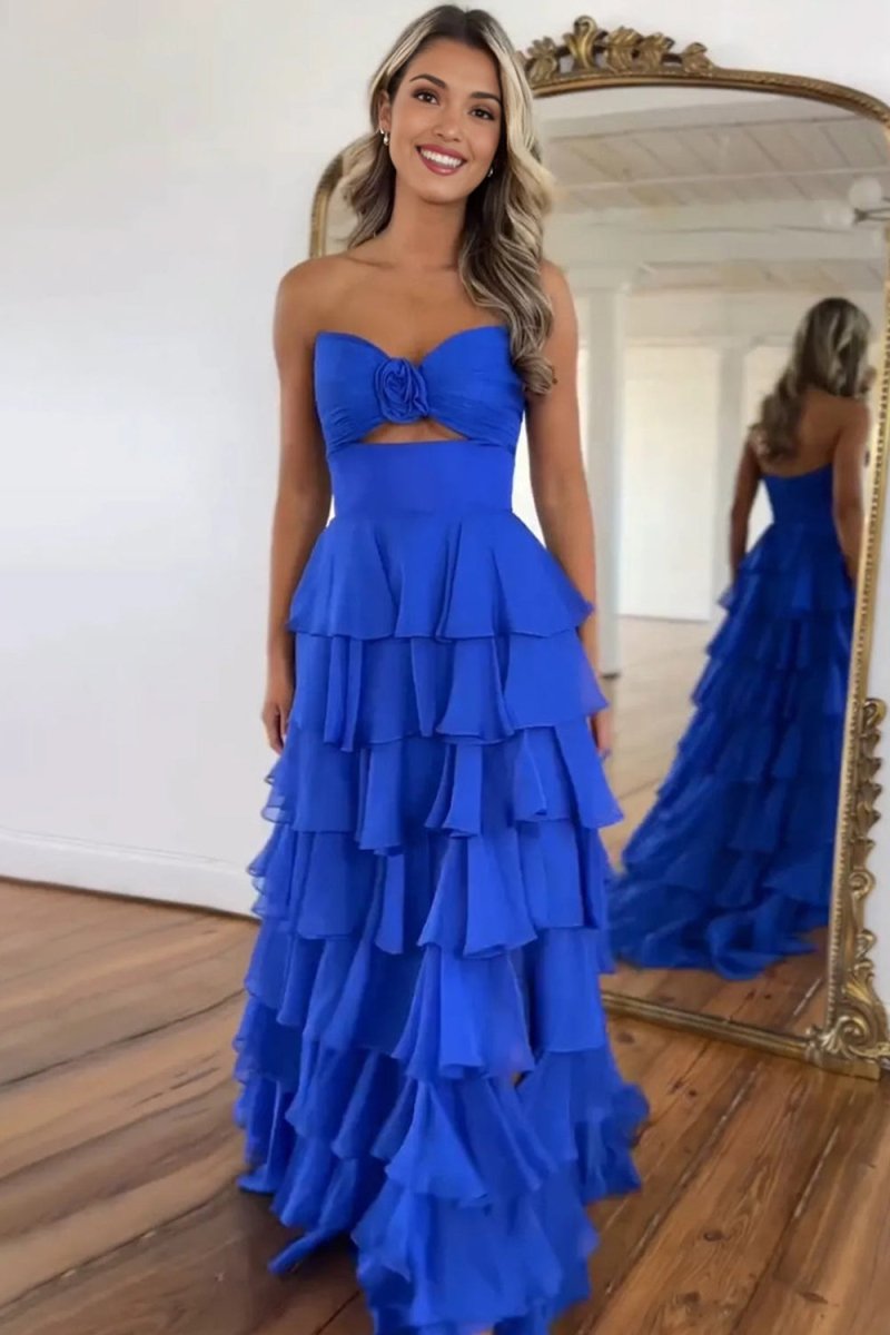 Darlin | A-Line Strapless V-Neck Layered Chiffon Sleeveless Formal Prom Dress