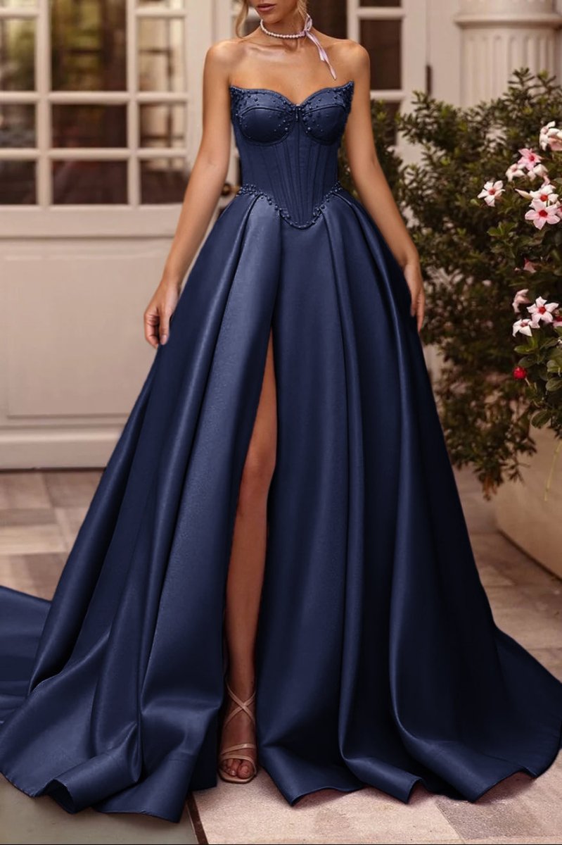 Deacon | A-Line Lilac Sweetheart Satin Long Corset Prom Dress with Slit (Gloves are not Included)