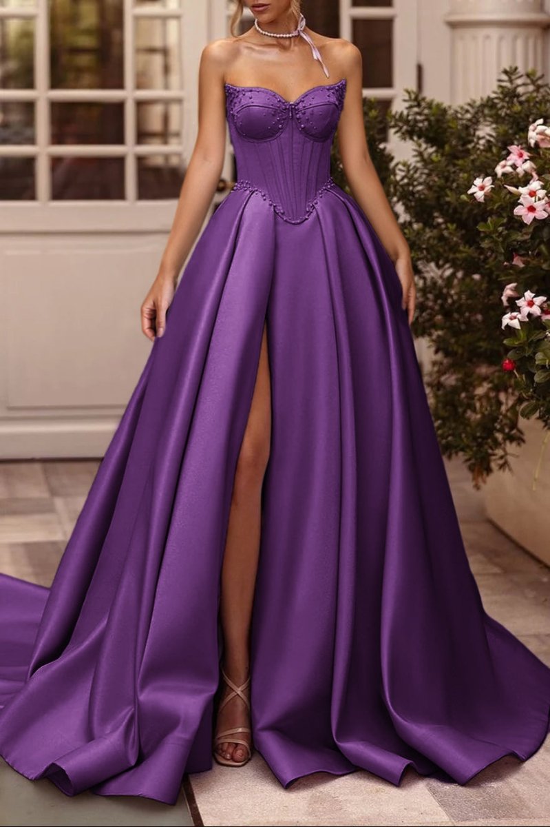 Deacon | A-Line Lilac Sweetheart Satin Long Corset Prom Dress with Slit (Gloves are not Included)