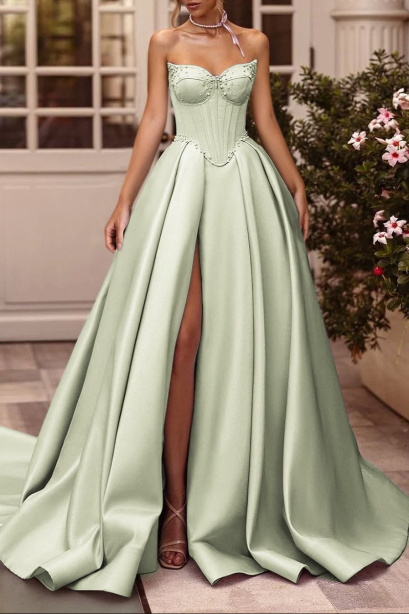 Deacon | A-Line Lilac Sweetheart Satin Long Corset Prom Dress with Slit (Gloves are not Included)