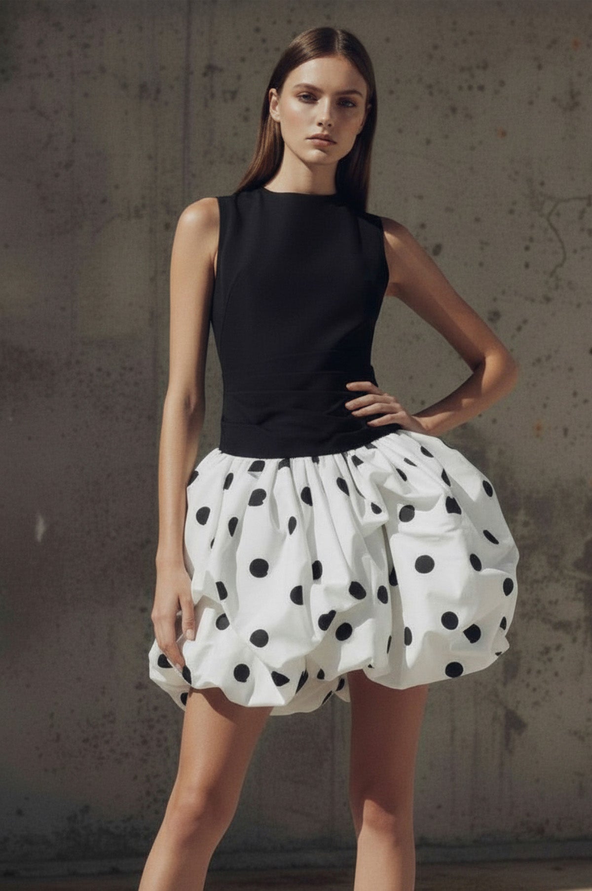 Drop-Waist Mini Dress in Black and White