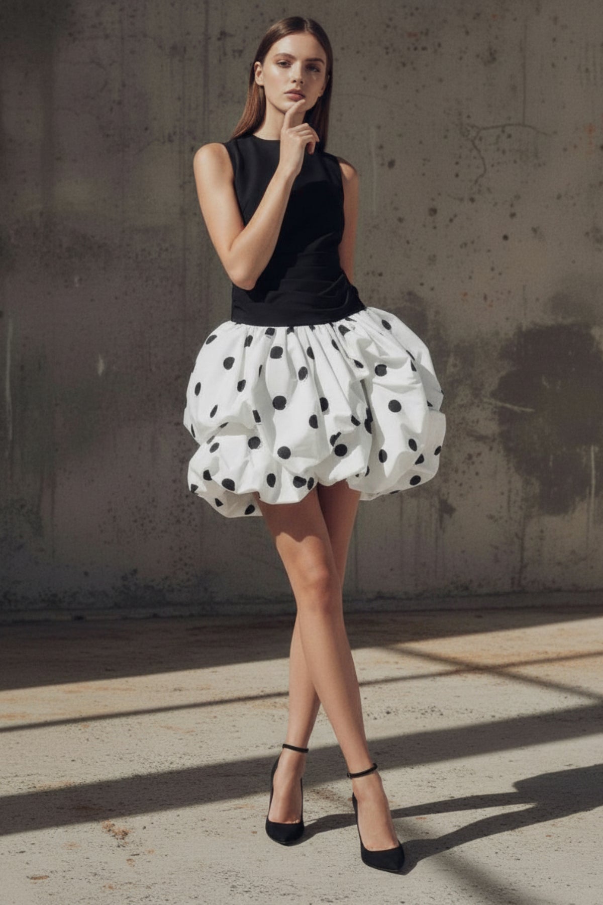 Drop-Waist Mini Dress in Black and White