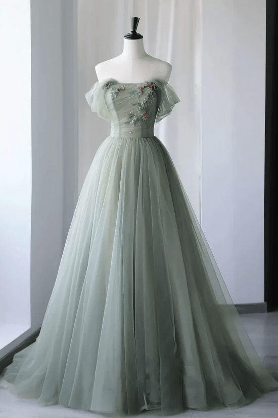 Drusilla | Princess Off the Shoulder Embroidering Tulle Sage Ball Gown
