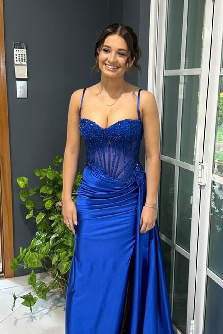 Paddy | Silver Spaghetti Straps Mermaid Appliqued Prom Dress With Split