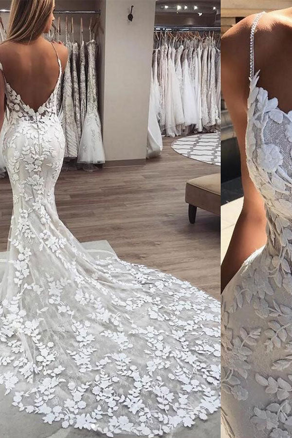 Sexy Long Mermaid Sleeveless Applique Lace Spaghetti Strap Open Back Wedding Dresses