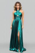 Peacock Blue Halter Neck A-Line Long Prom Dress With Split