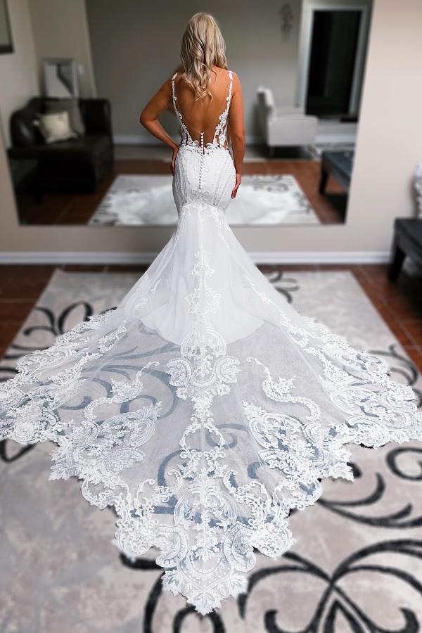 Long V Neck Spaghetti Straps Sleeveless Lace Open Back Mermaid Wedding Dresses
