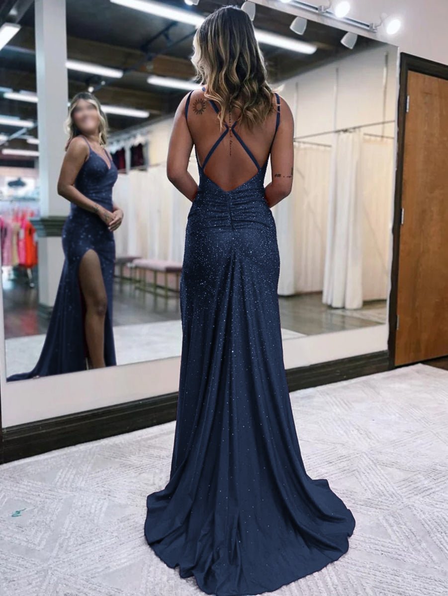 Kaylani |Mermaid V Neck Glitter Jersey Long Prom Dress with Slit