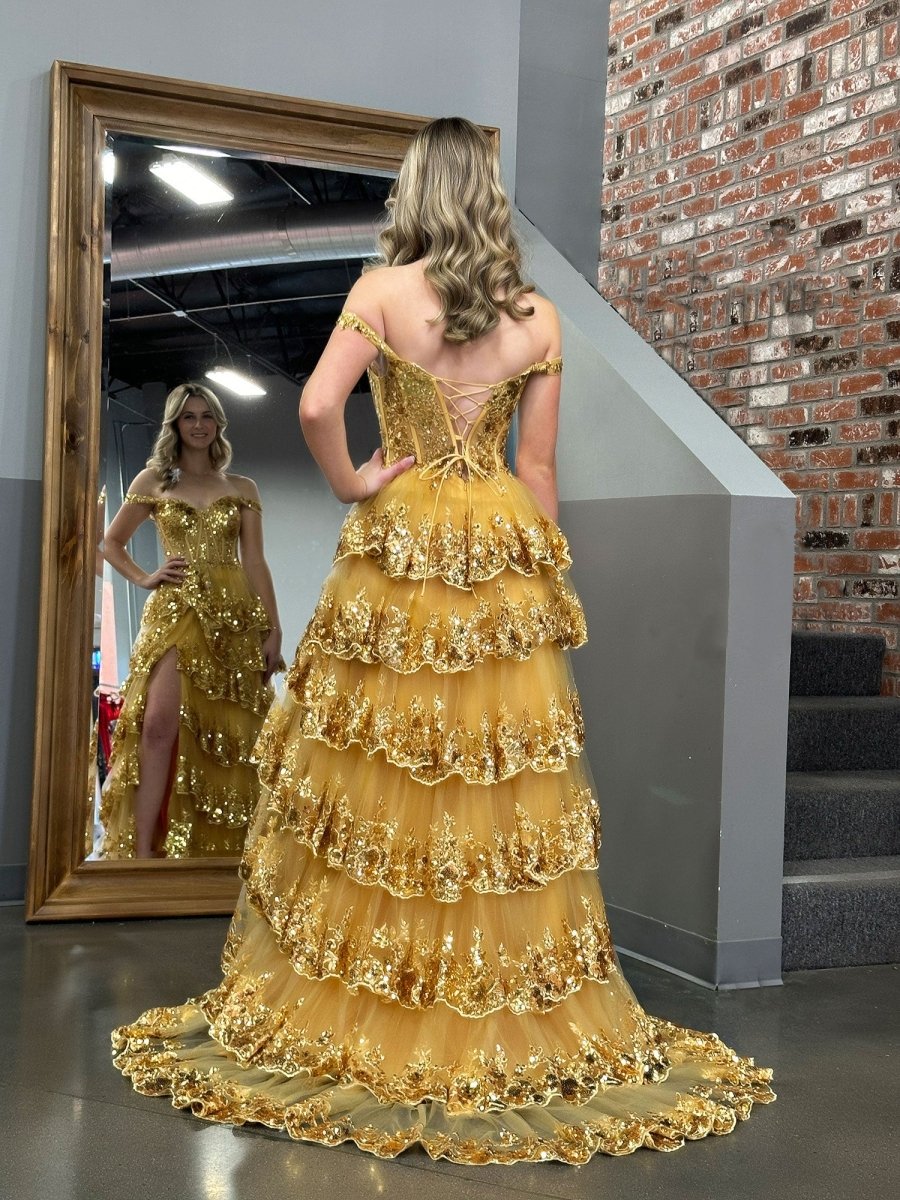 Capri | A-Line Lace Off-the-Shoulder Tiered Long Prom Dress with Slit