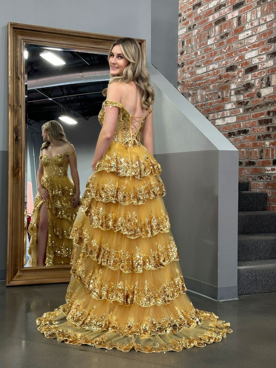 Capri | A-Line Lace Off-the-Shoulder Tiered Long Prom Dress with Slit