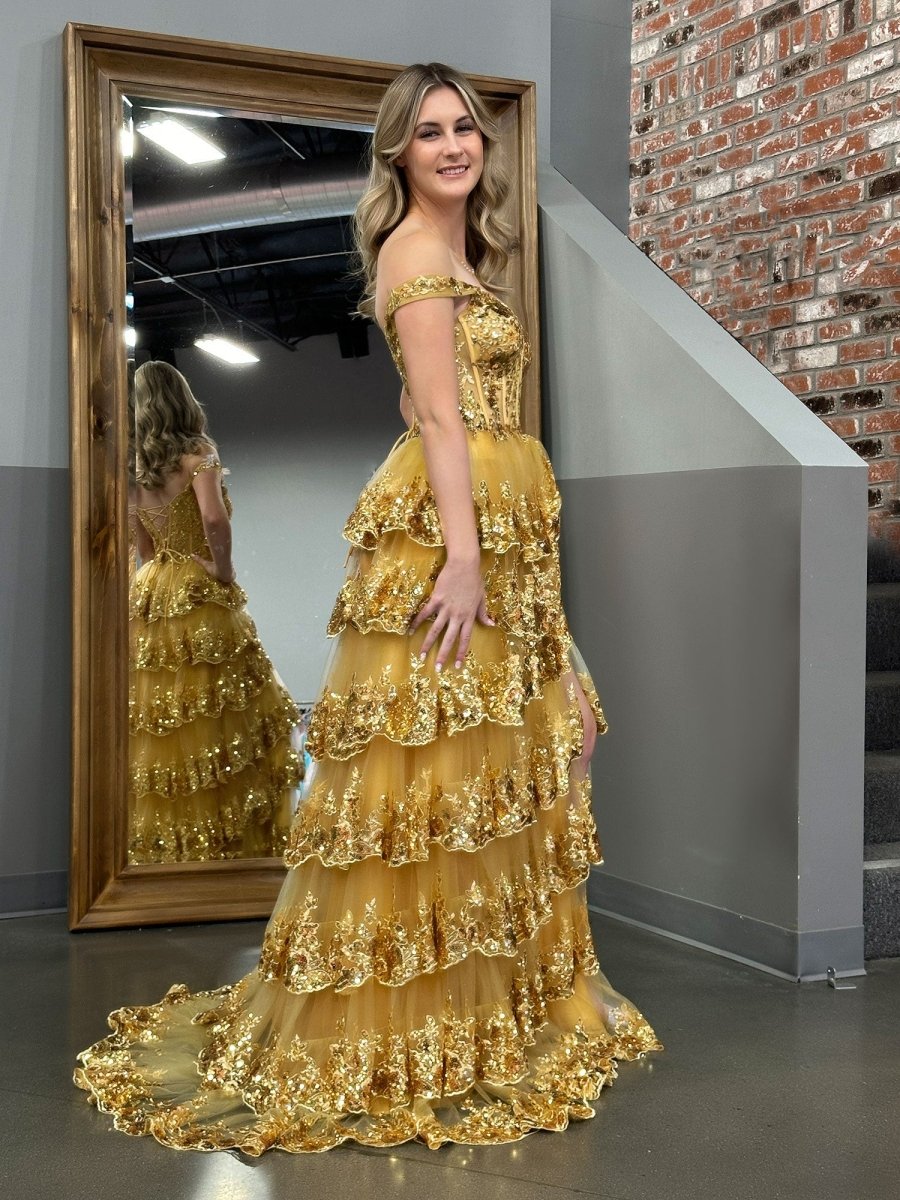 Capri | A-Line Lace Off-the-Shoulder Tiered Long Prom Dress with Slit