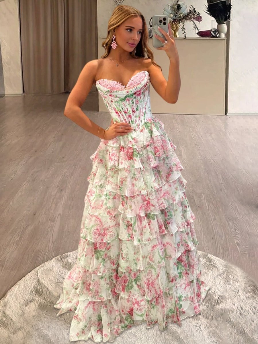 Haruko | A-Line Blush Strapless Chiffon Floral Ruffled Prom Dress With Slit